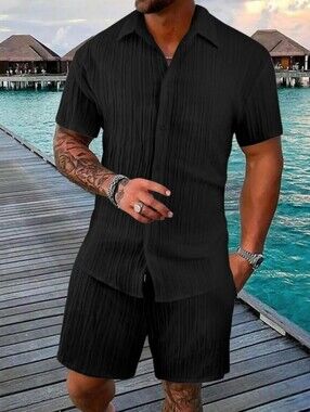 Men's Black Short Sleeve Shirt and Shorts Set